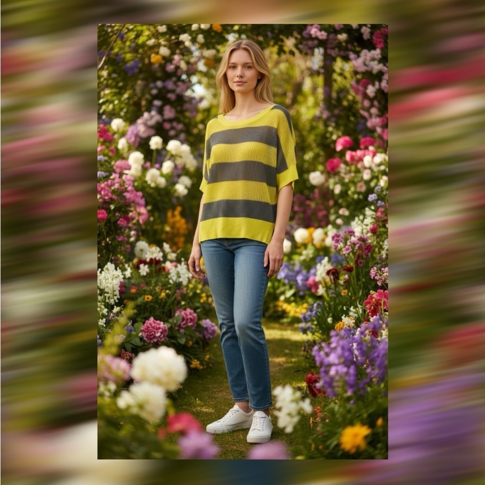 Takeout Sheer Stripe Lightweight Sweater – Yellow & Gray (Size M)